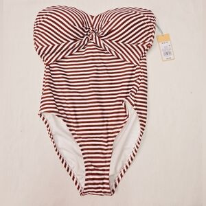 Kona Sol Strapless Front Knot Stripe One-Piece Swimsuit- Terrecotta, Medium